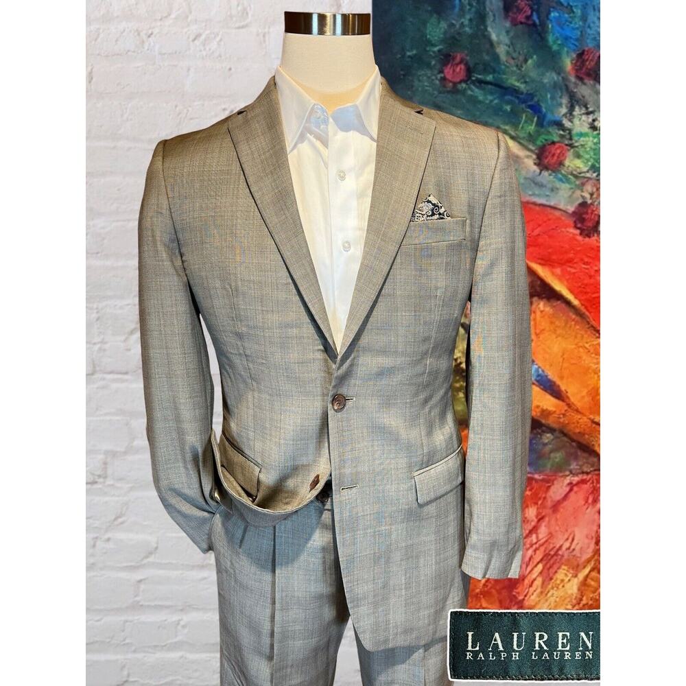 Lauren Ralph Lauren 40L 36x31 Men's 2 Piece Beige Blue Glen Plaid Suit